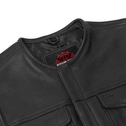 Men's Club Style Black Leather Motorcycle Vest with Upgraded Style