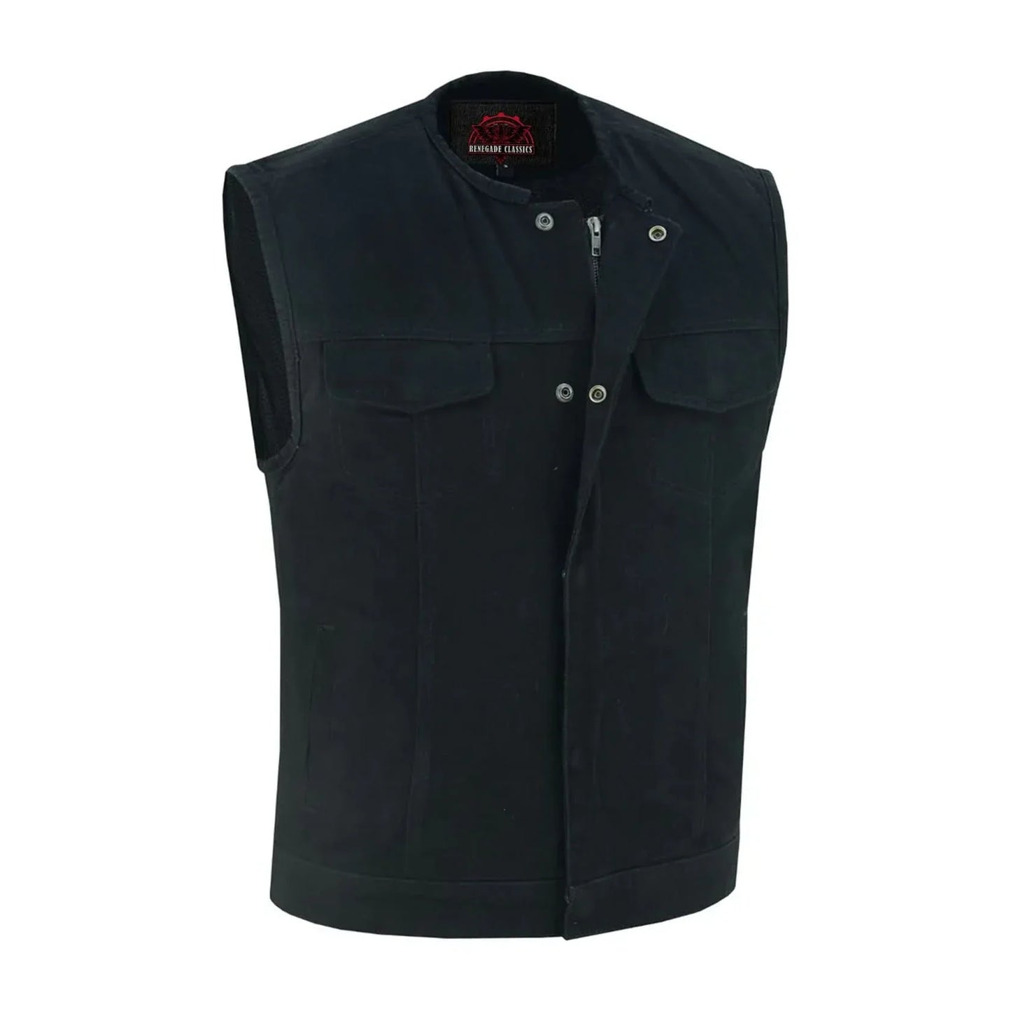 Men's Black Denim Motorcycle Club Style Vest with Concealed Snaps & Zipper