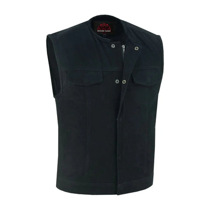 Men's Black Denim Motorcycle Club Style Vest with Concealed Snaps & Zipper