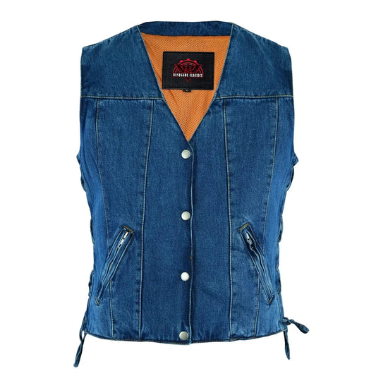 Women's Blue Denim Western Style Vest- Single Back Panel Concealed Carry