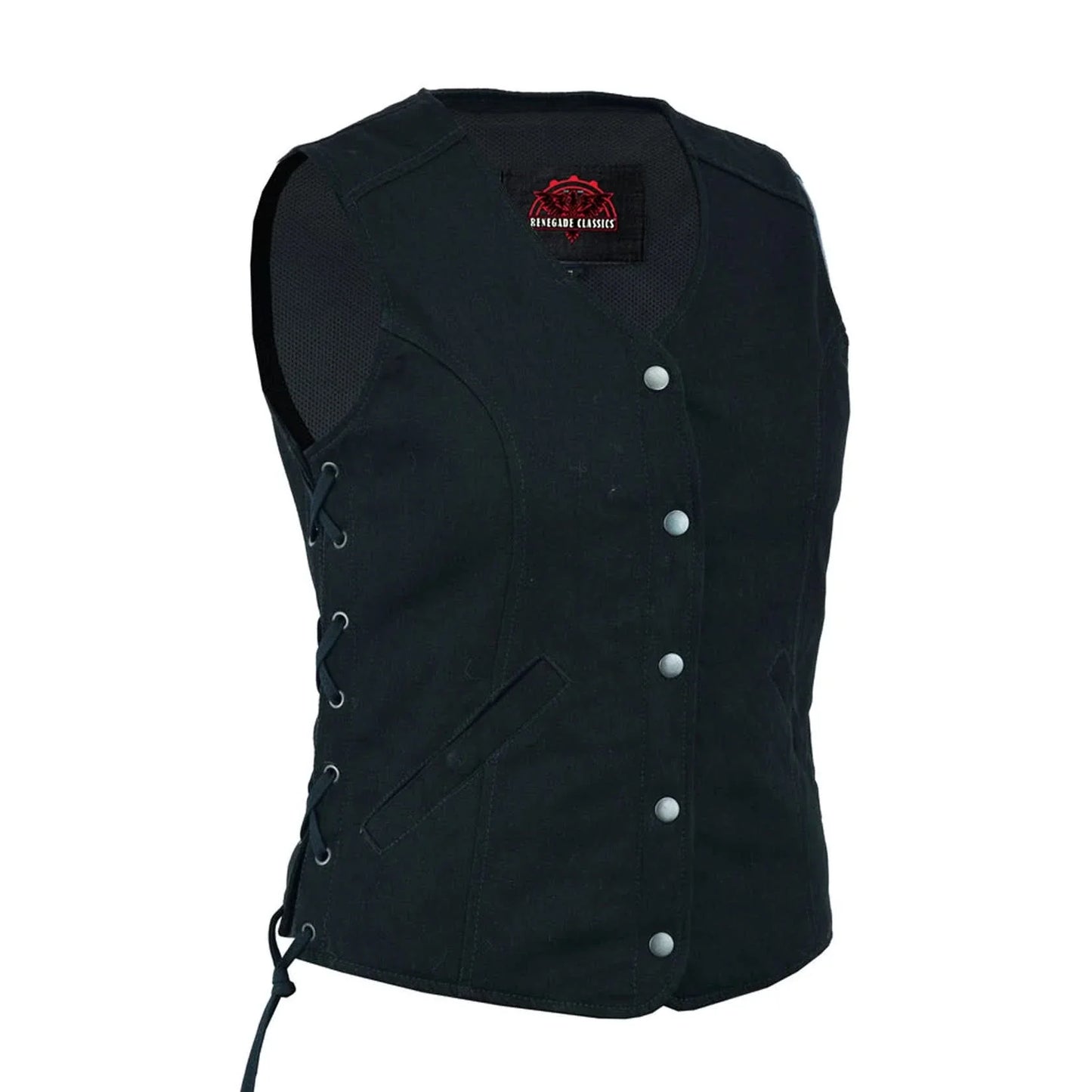 Women's Black Denim Vest with Longer Body ¾ and Side Laces