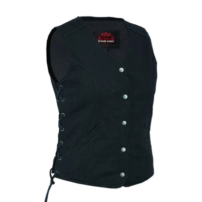 Women's Black Denim Vest with Longer Body ¾ and Side Laces