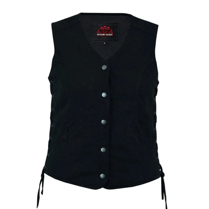 Women's Black Denim Vest with Longer Body ¾ and Side Laces