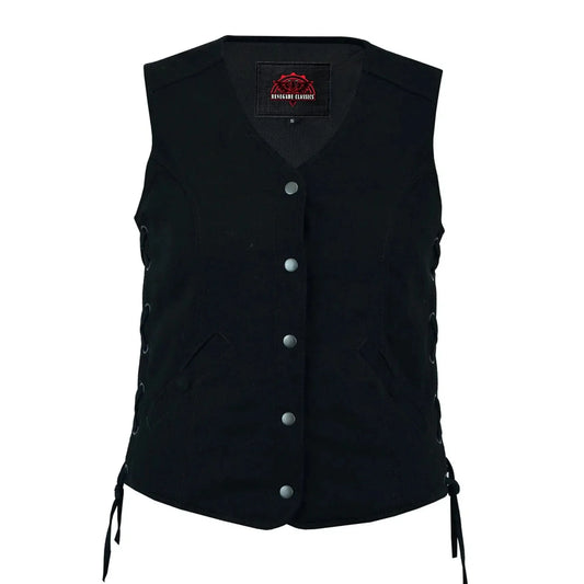 Women's Black Denim Vest with Longer Body ¾ and Side Laces