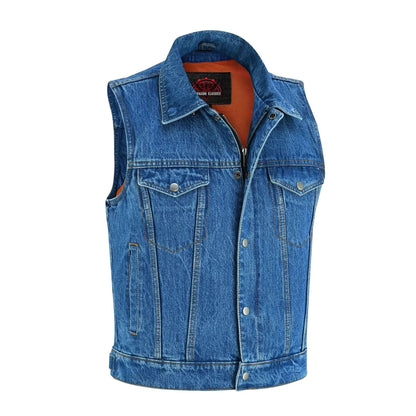 Men's blue denim motorcycle vest with shirt style collar, with Snap and zipper Front
