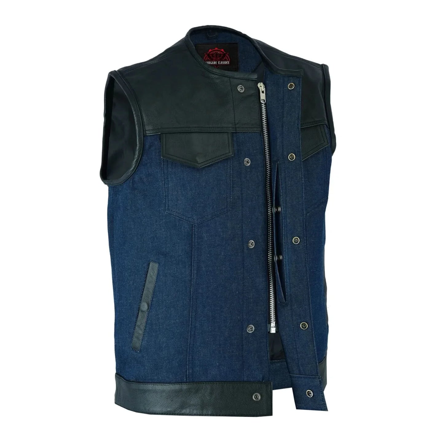 Men's Leather/Denim Combo Club Style Vest (Black/Broken Blue)