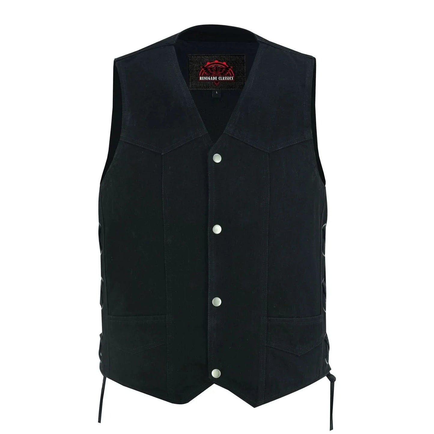Men's Traditional Denim Motorcycle Vest with Side Laces – Smart Access Pockets