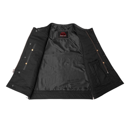 Men's Club Style Black Leather Motorcycle Vest with Upgraded Style