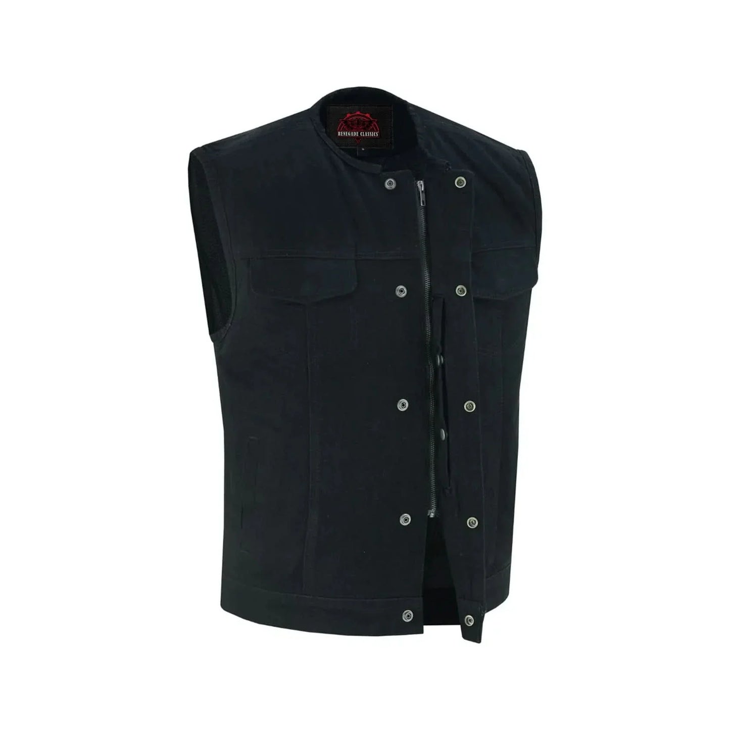 Men's Black Denim Motorcycle Club Style Vest with Concealed Snaps & Zipper