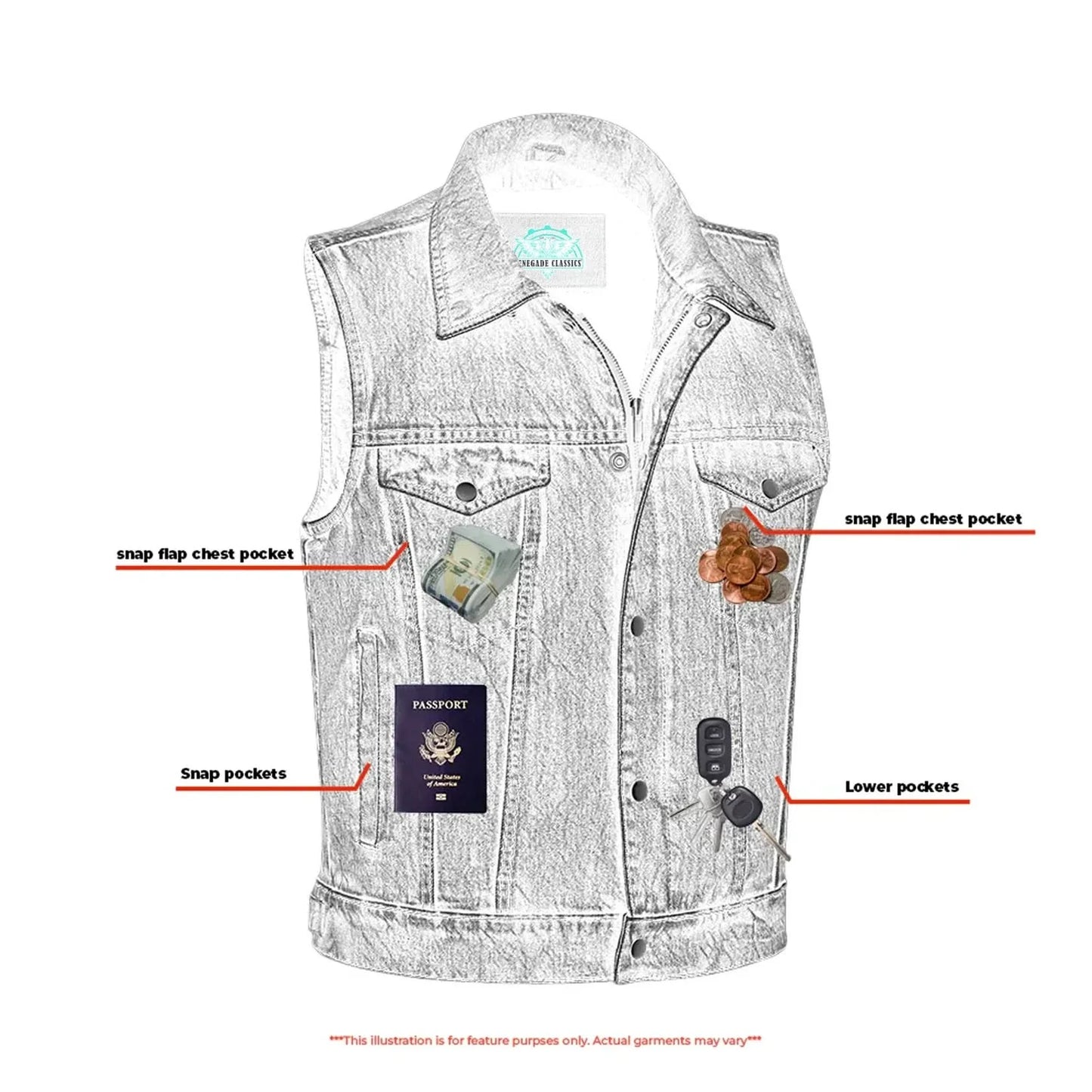 Men's blue denim motorcycle vest with shirt style collar, with Snap and zipper Front