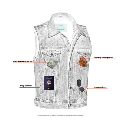 Men's blue denim motorcycle vest with shirt style collar, with Snap and zipper Front