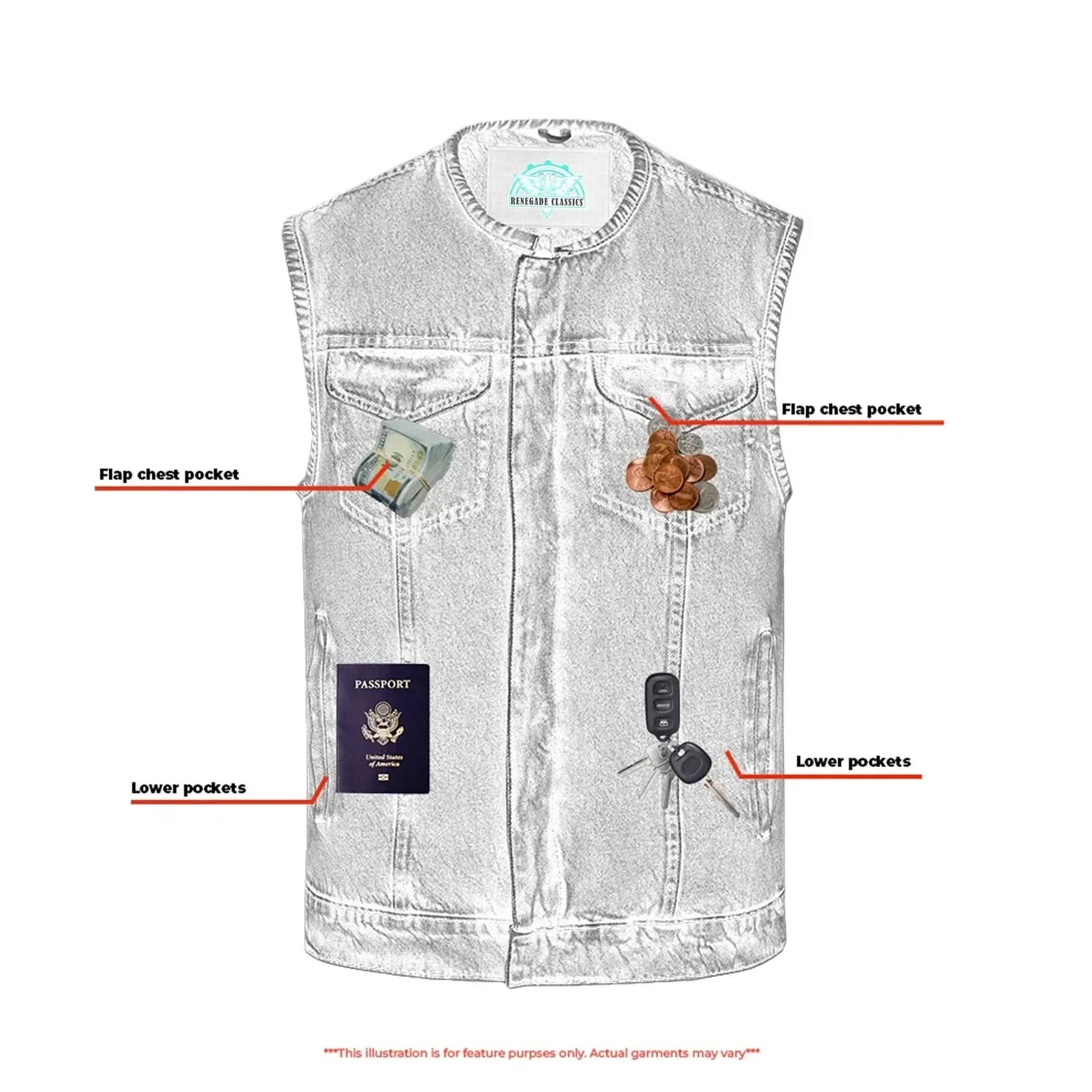 Mens Blue Denim Motorcycle Vest with Concealed Snaps & Zipper