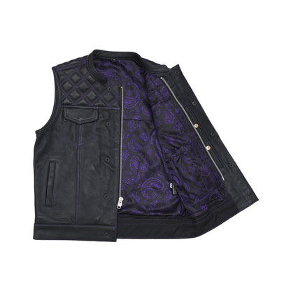 Men's Club Style Leather Motorcycle Vest- Green stitching with Green Paisley lining