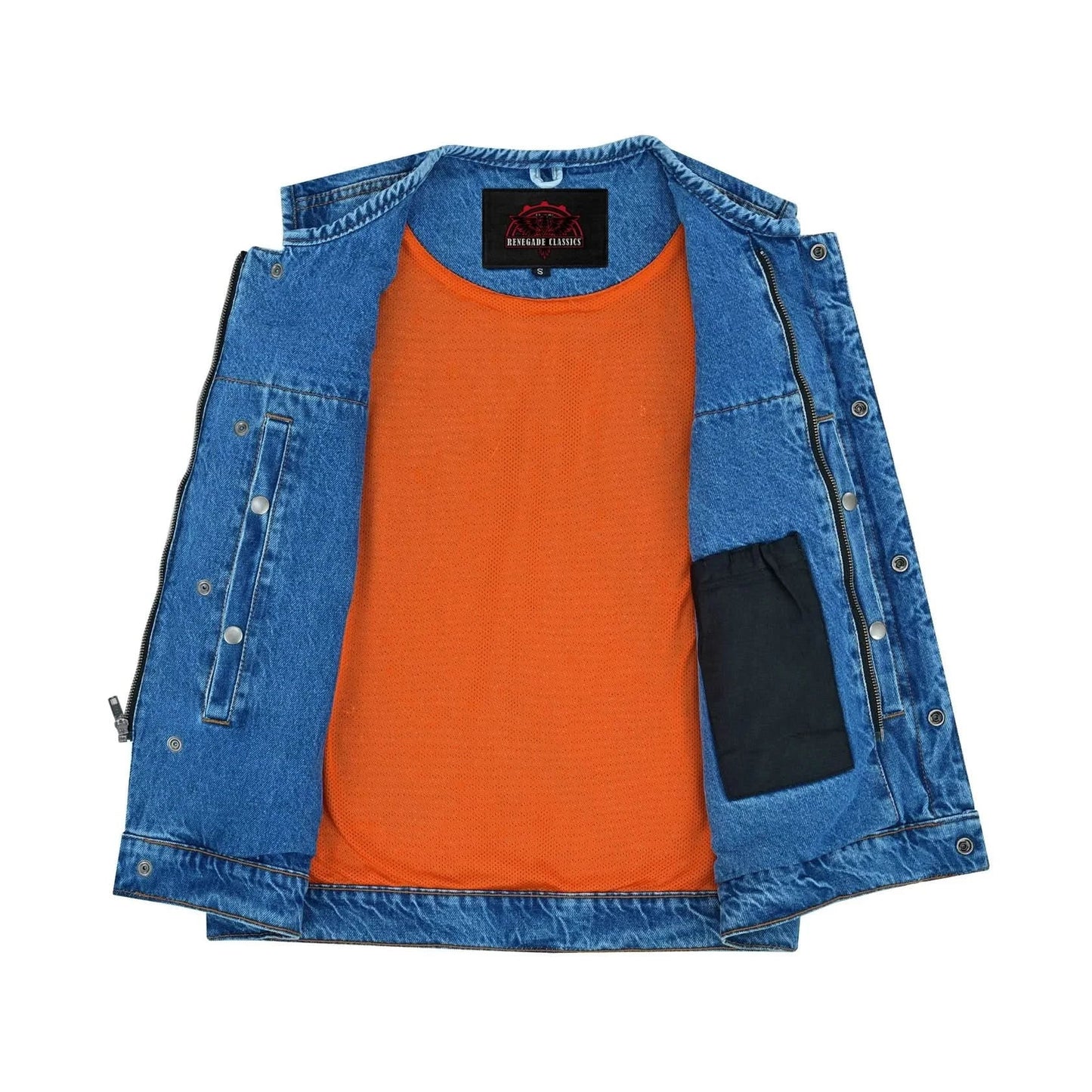 Mens Blue Denim Motorcycle Vest with Concealed Snaps & Zipper