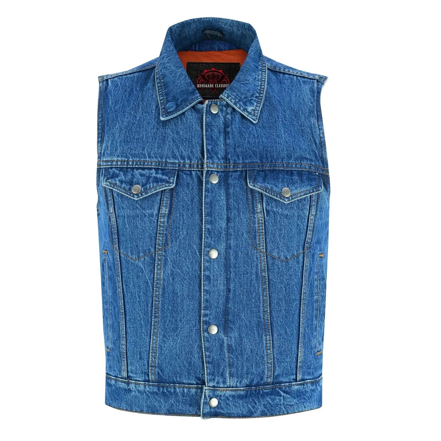 Men's blue denim motorcycle vest with shirt style collar, with Snap and zipper Front