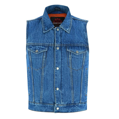 Men's blue denim motorcycle vest with shirt style collar, with Snap and zipper Front