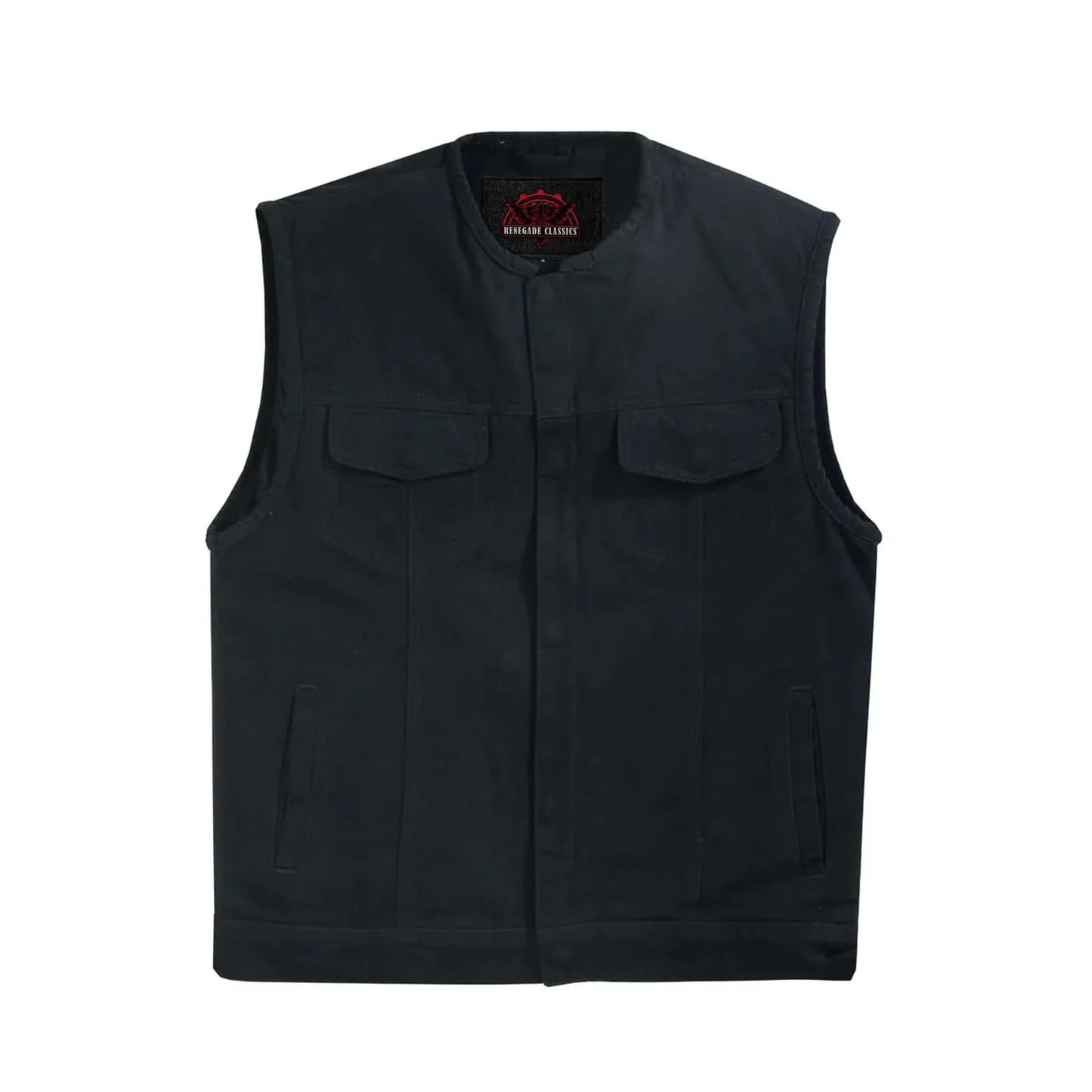 Men's Black Denim Motorcycle Club Style Vest with Concealed Snaps & Zipper