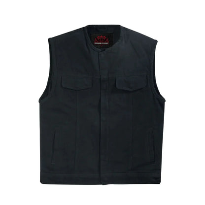 Men's Black Denim Motorcycle Club Style Vest with Concealed Snaps & Zipper