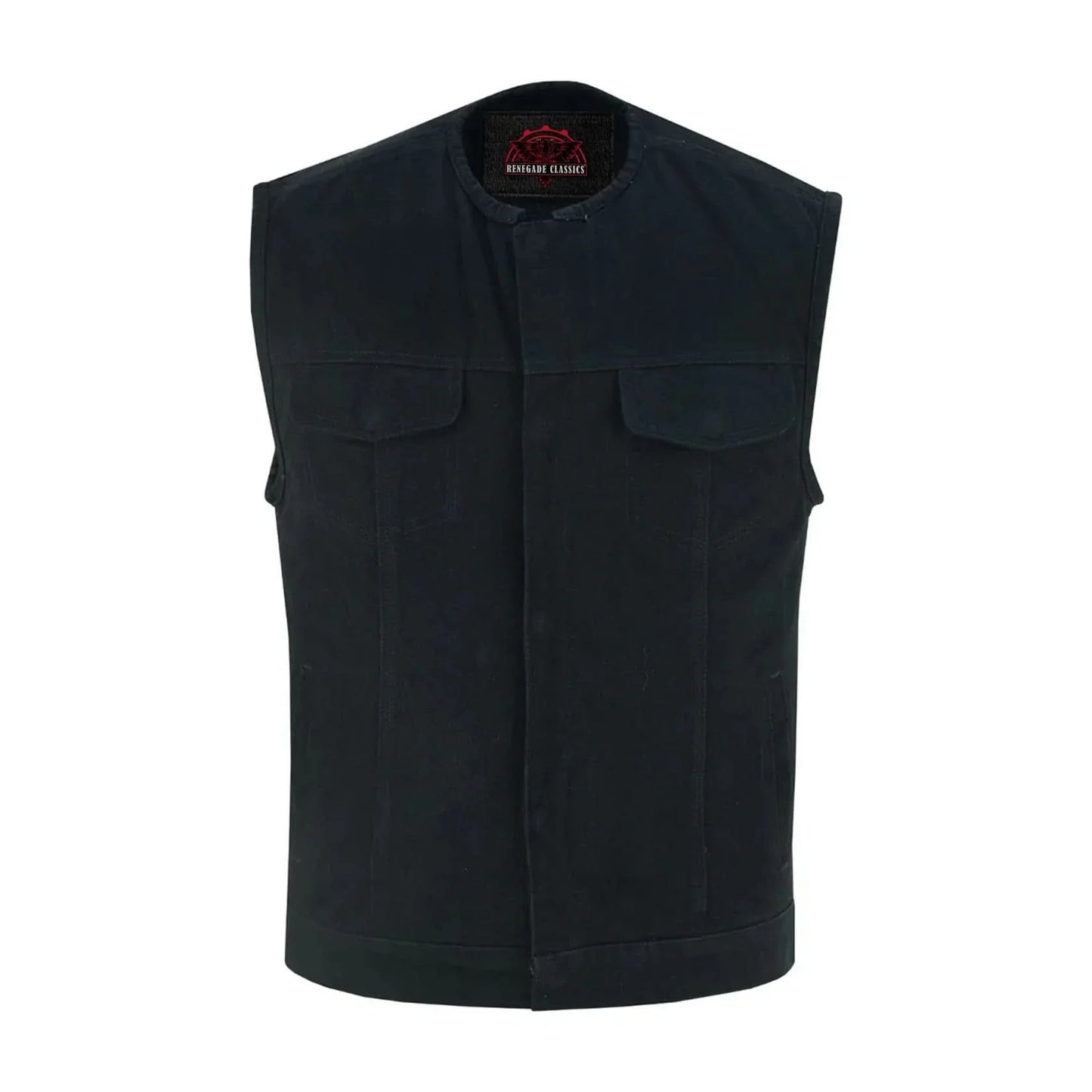 Men's Black Denim Motorcycle Club Style Vest with Concealed Snaps & Zipper