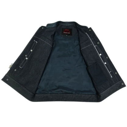 Men's Leather-Denim Combo Motorcycle Vest w/ Scoop Collar