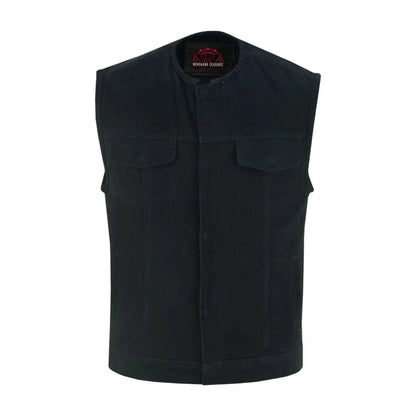 Men's Black Denim Motorcycle Club Style Vest with Concealed Snaps & Zipper