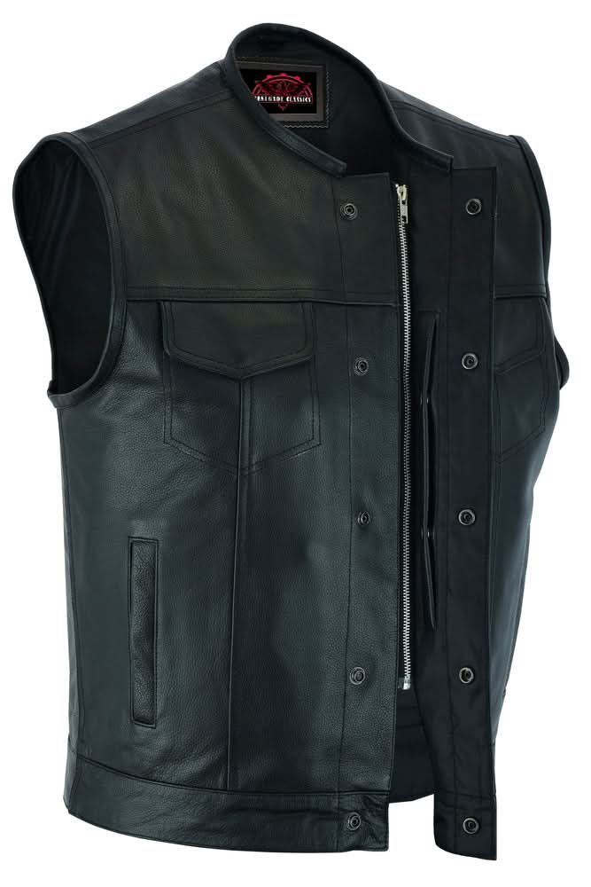 Men's Club Style "AM" Black Cowhide Leather Motorcycle Vest