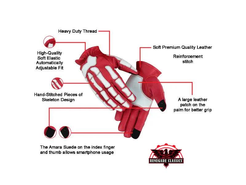 Men's White on Red Skeleton Grip Riding Gloves