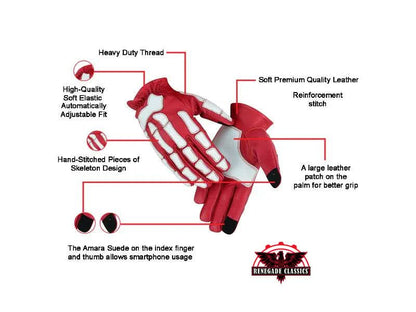 Men's White on Red Skeleton Grip Riding Gloves