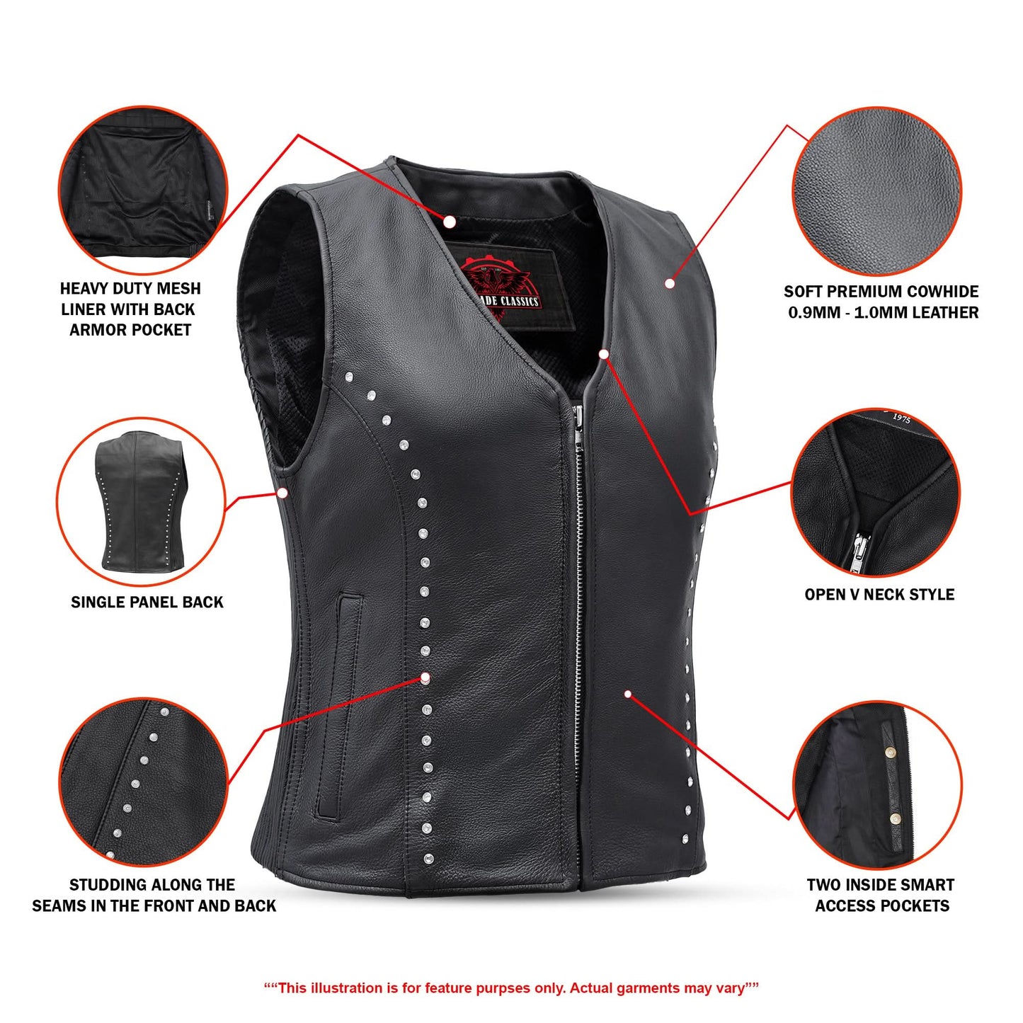 Women's Studded Leather Motorcycle Vest- Lined
