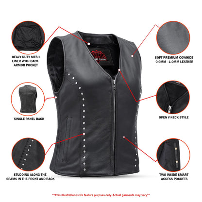 Women's Studded Leather Motorcycle Vest- Lined
