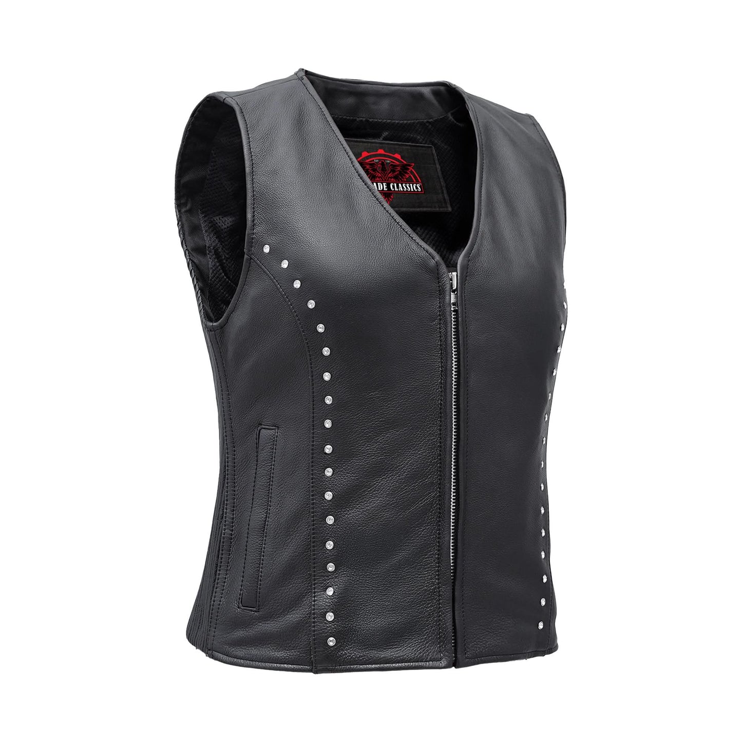 Women's Studded Leather Motorcycle Vest- Lined