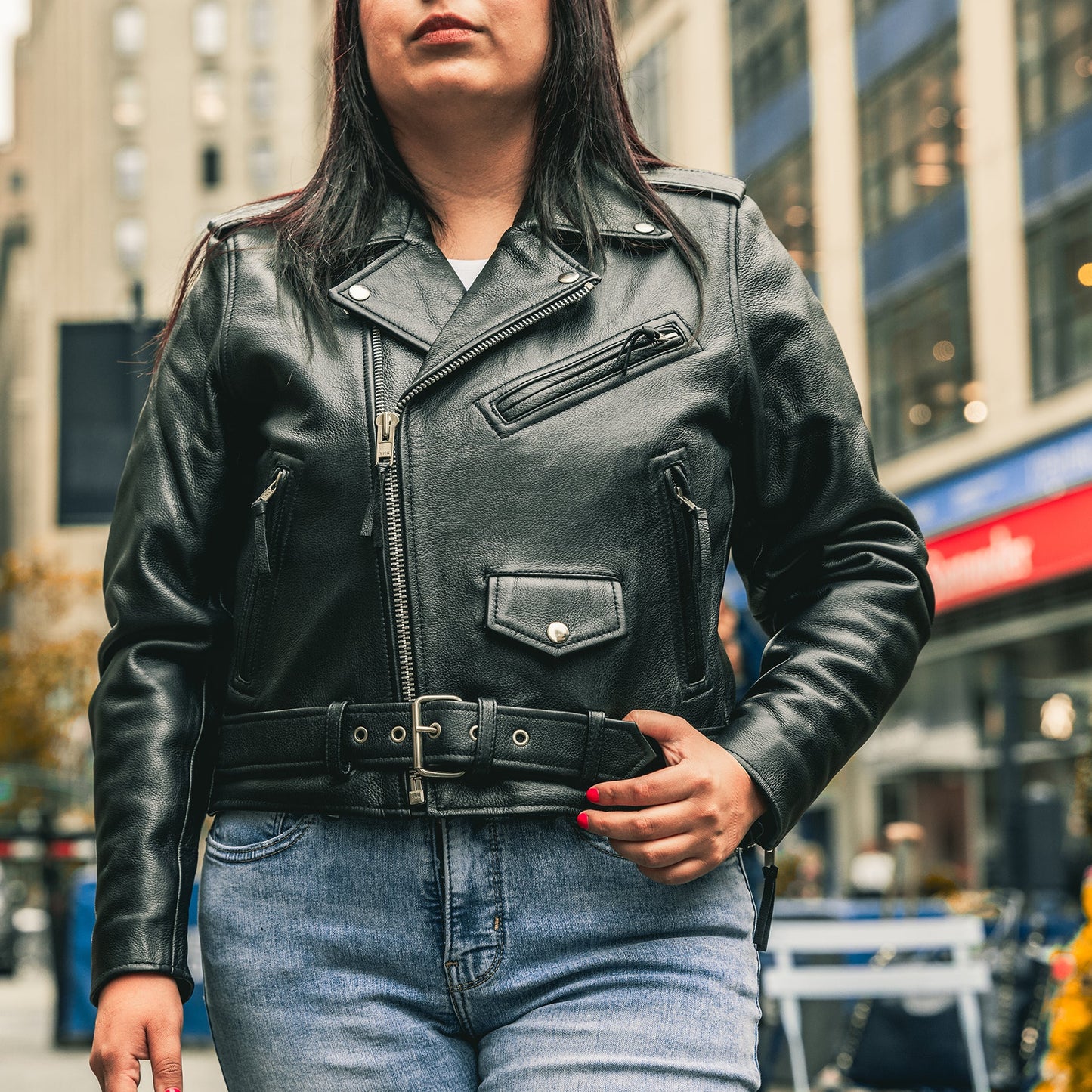Women's Classic Leather Motorcycle Style Jacket with permanent liner