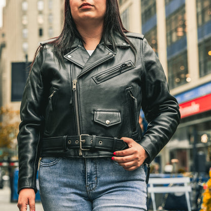 Women's Classic Leather Motorcycle Style Jacket with permanent liner