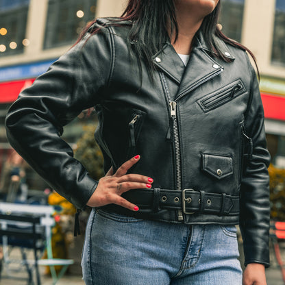 Women's Classic Leather Motorcycle Style Jacket with permanent liner