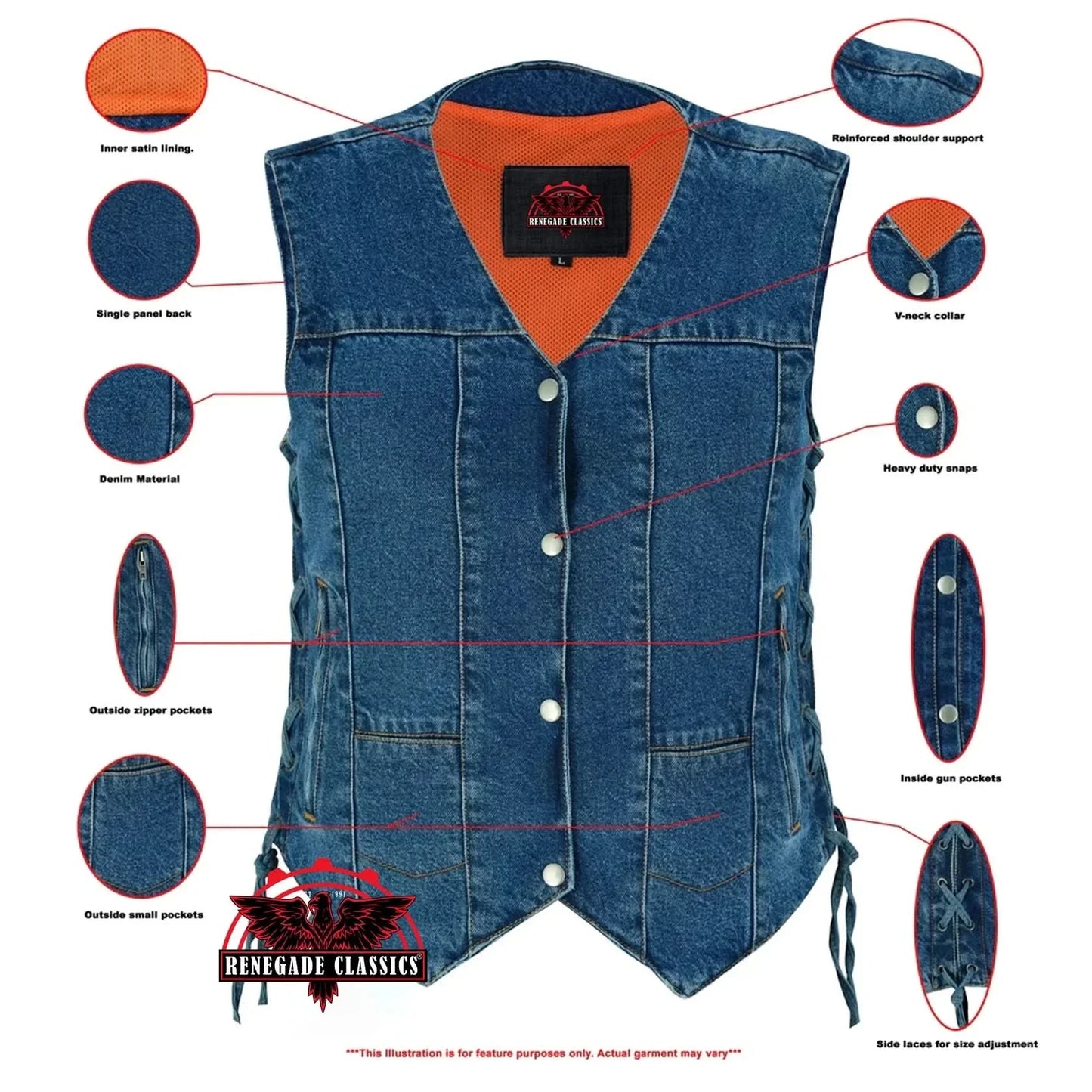 Women's Blue Denim Motorcycle Vest - 6 Pocket