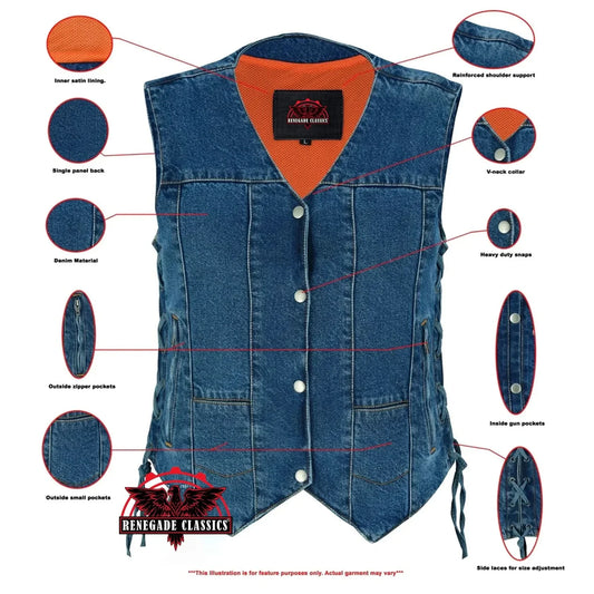 Women's Blue Denim Motorcycle Vest - 6 Pocket