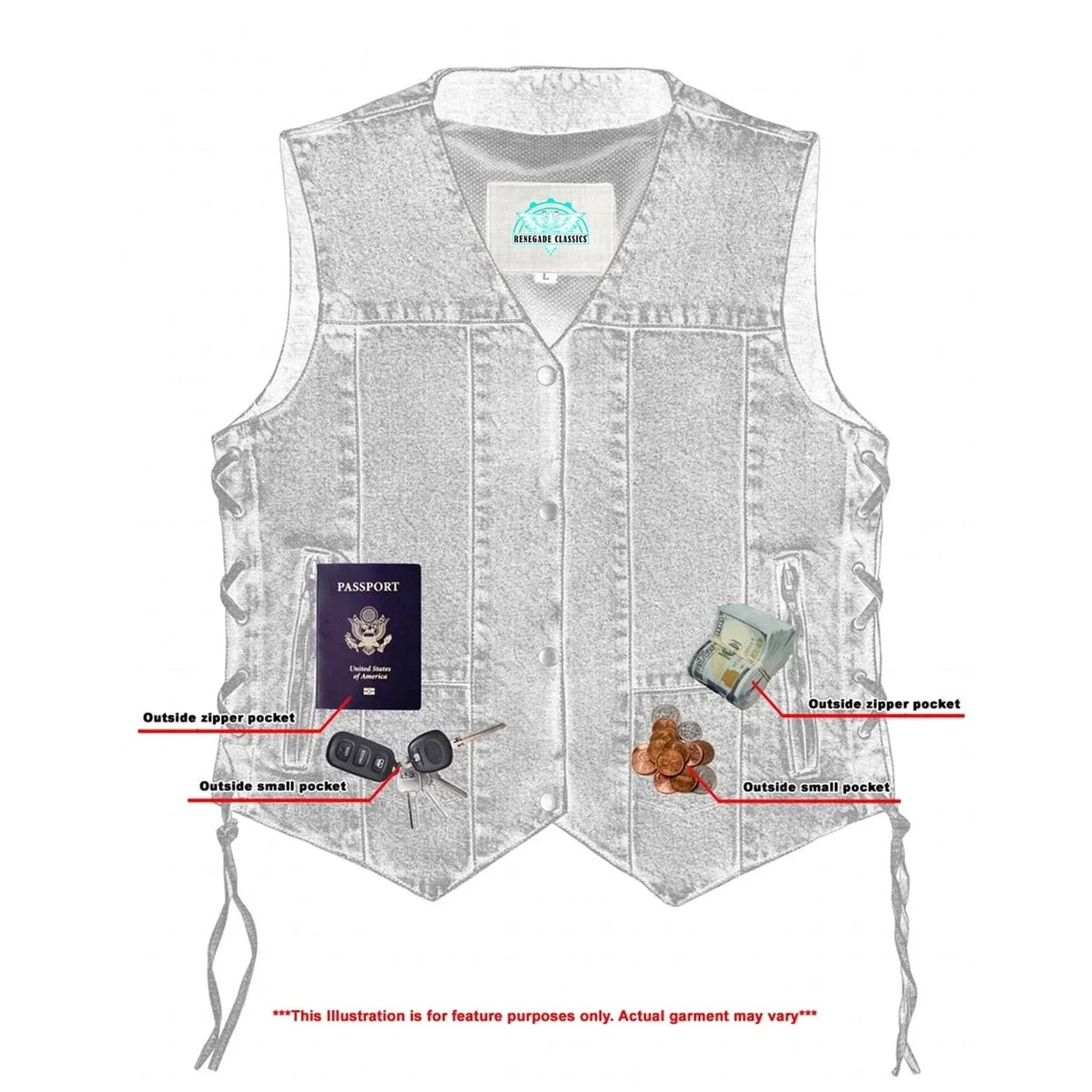 Women's Blue Denim Motorcycle Vest - 6 Pocket