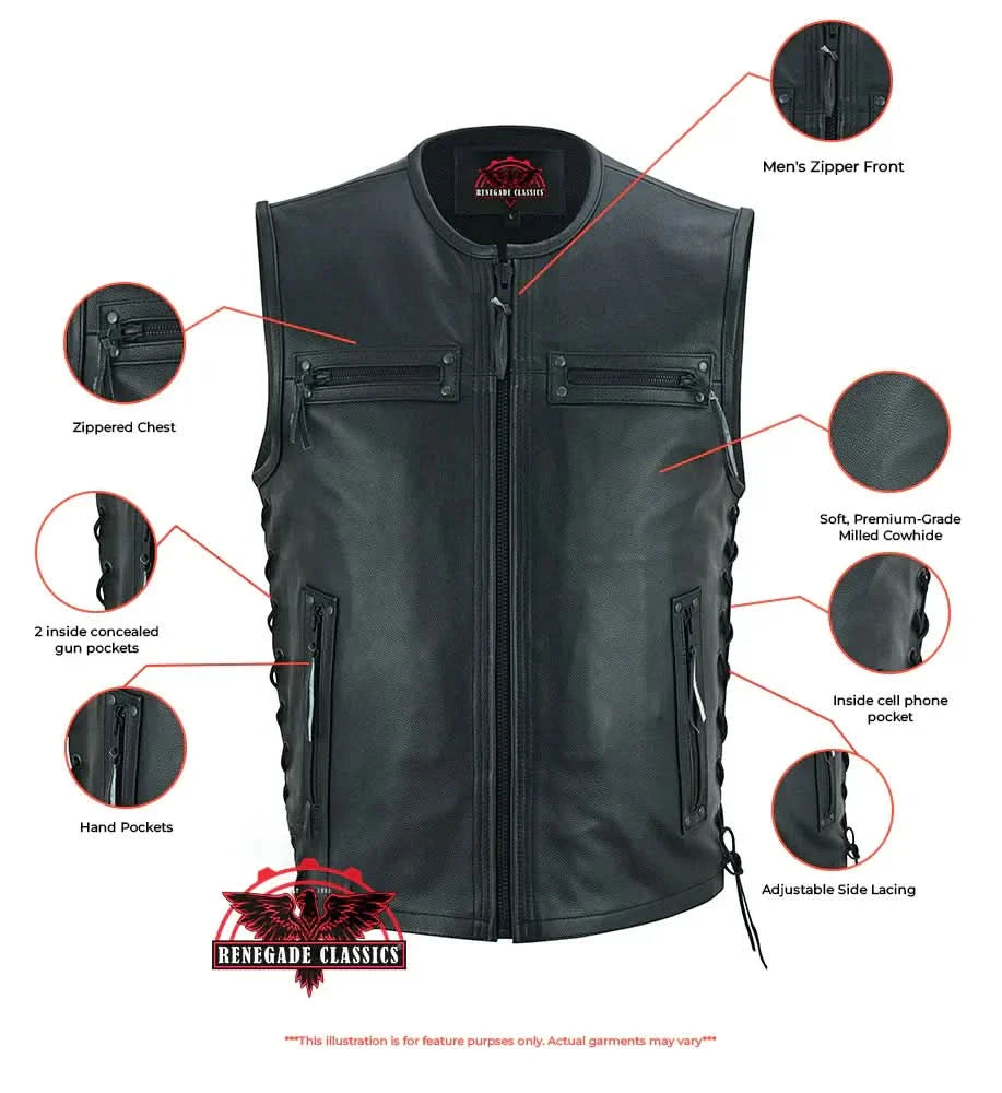 Men's Black Leather club style Motorcycle Vest with Zipper Front