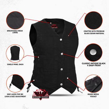 Women's Black Denim Western Style Vest with Six Pockets