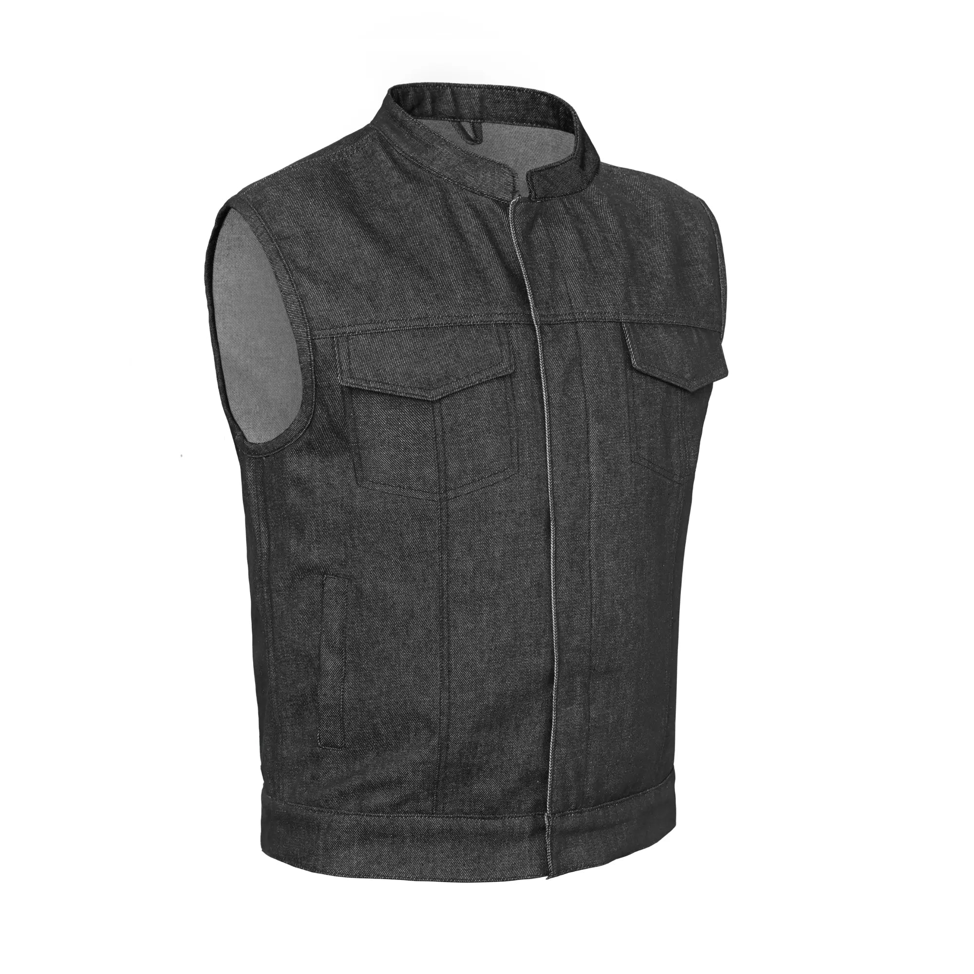 Men's Rough Rub-Off Raw Finish Motorcycle Denim Vest - Black