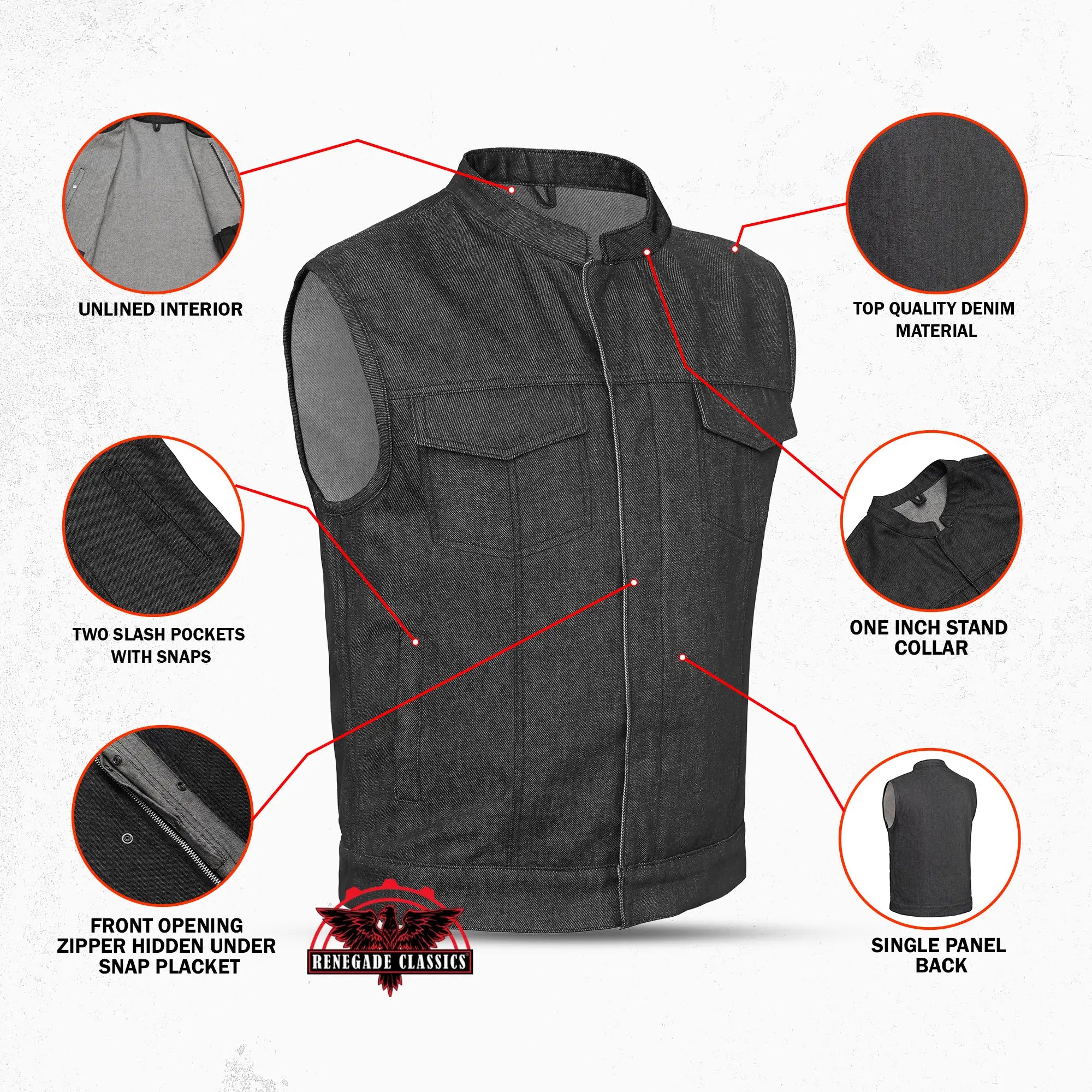 Men's Rough Rub-Off Raw Finish Motorcycle Denim Vest - Black