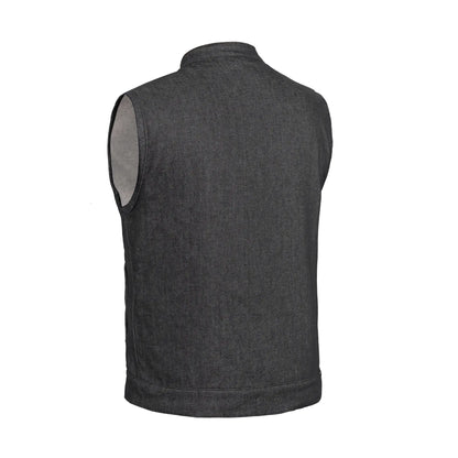 Men's Rough Rub-Off Raw Finish Motorcycle Denim Vest - Black