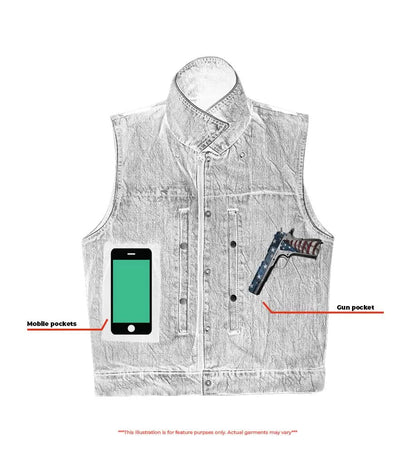 Men's blue denim motorcycle vest with shirt style collar, with Snap and zipper Front