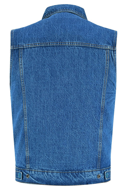 Men's blue denim motorcycle vest with shirt style collar, with Snap and zipper Front