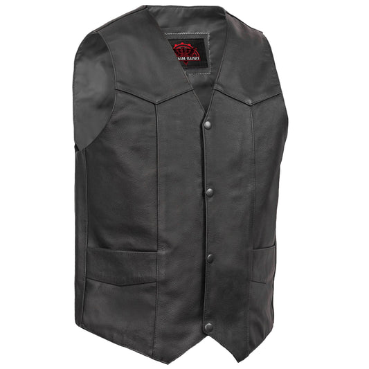 Men's Traditional Western Style Leather Motorcycle Vest - Black
