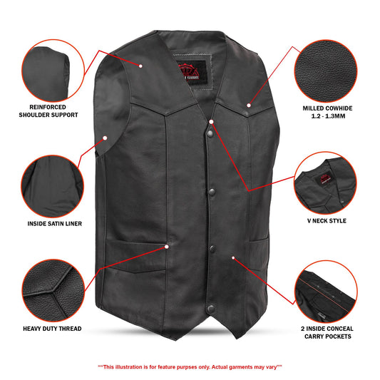 Men's Traditional Western Style Leather Motorcycle Vest - Black
