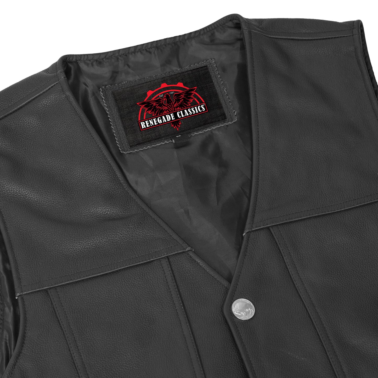 Men's Western Style "Buffalo Nickel" Black Leather Vest - Back & Satin Liner