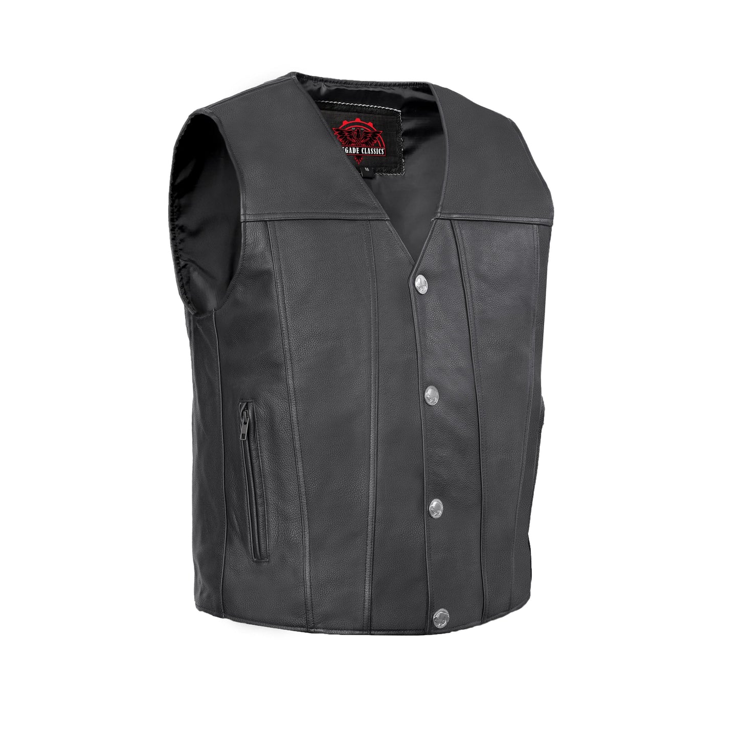 Men's Western Style "Buffalo Nickel" Black Leather Vest - Back & Satin Liner