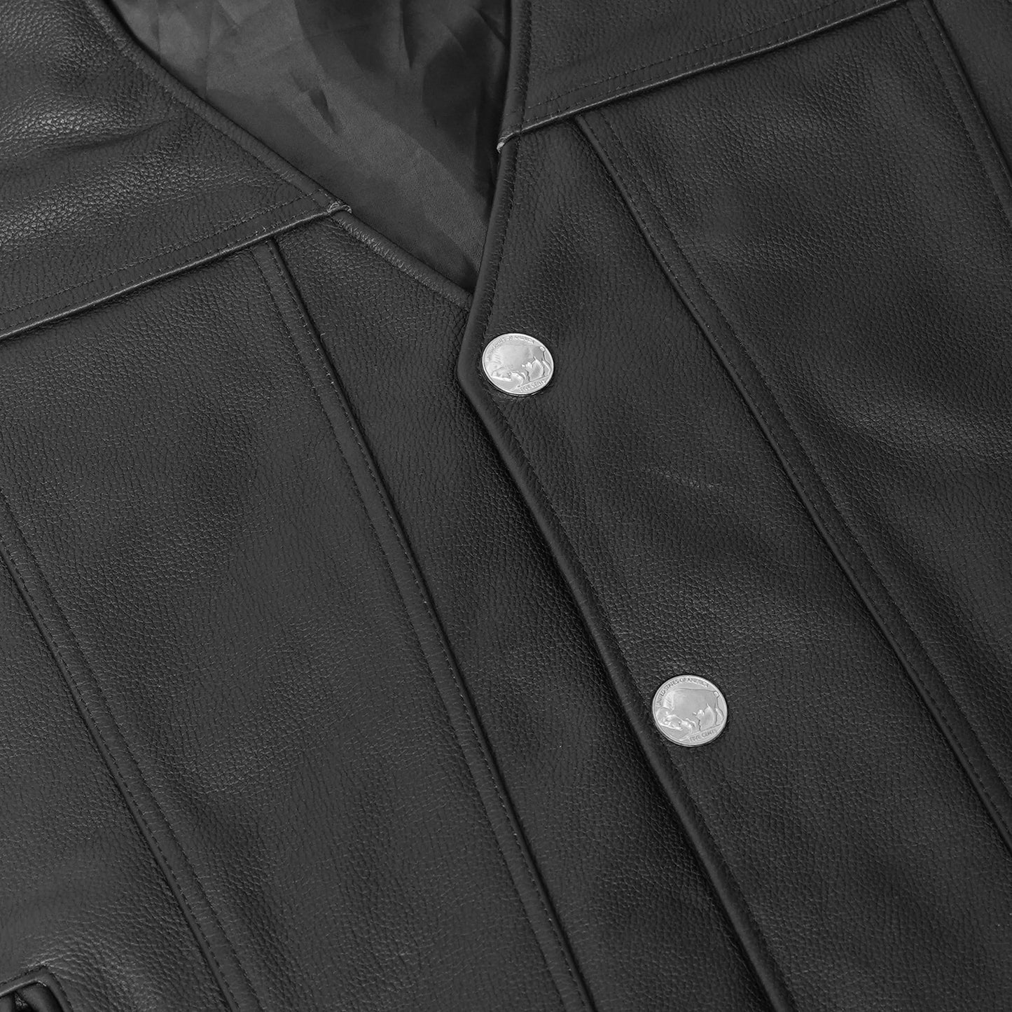 Men's Western Style "Buffalo Nickel" Black Leather Vest - Back & Satin Liner