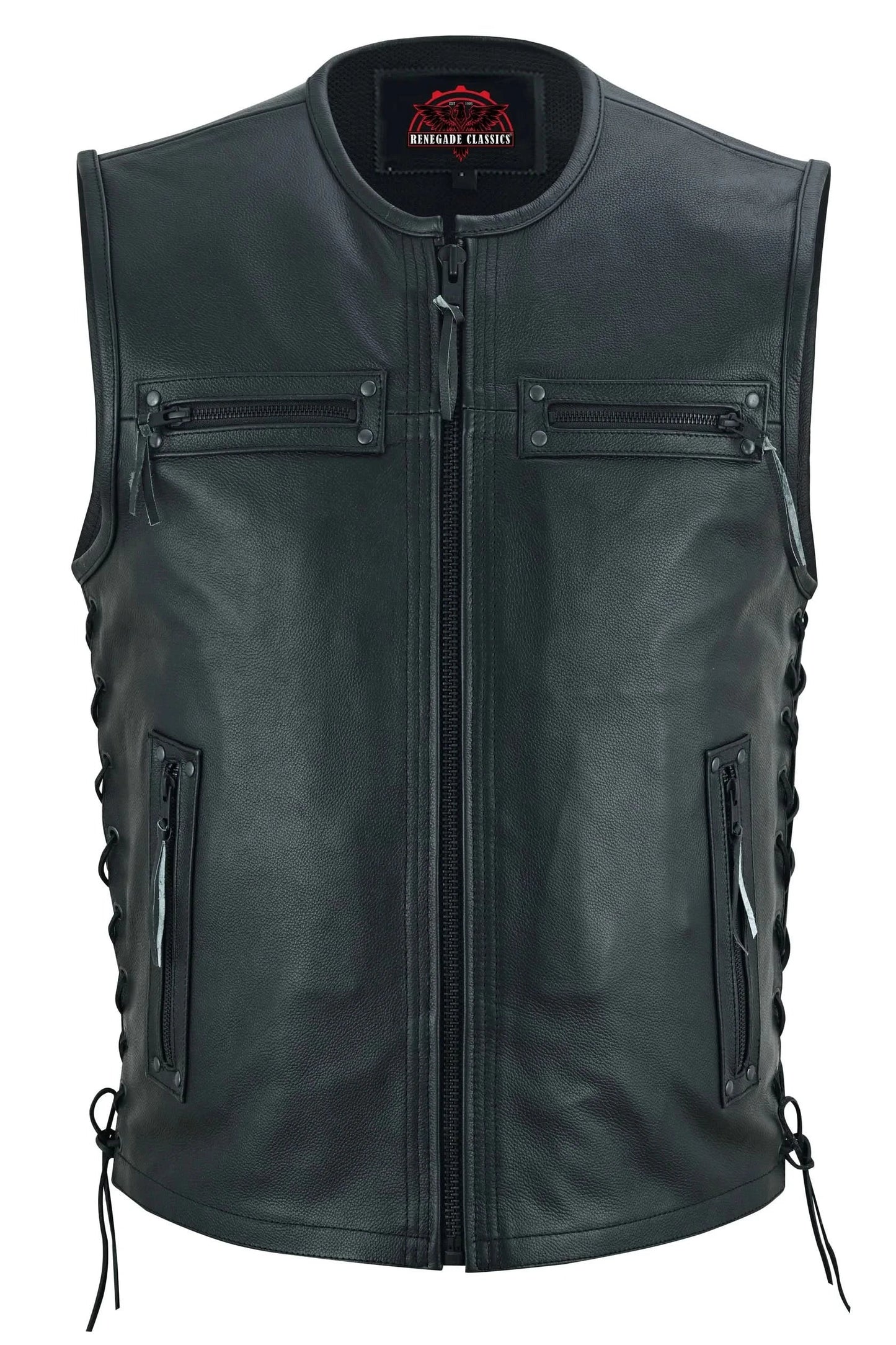 Men's Black Leather club style Motorcycle Vest with Zipper Front